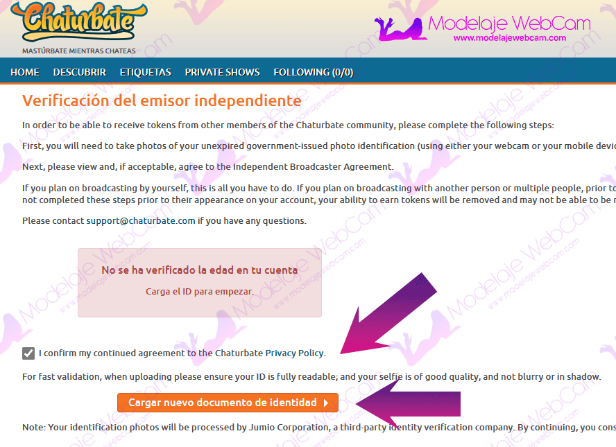 Cargar documentos de modelo independiente en Chaturbate ( Independent Broadcaster Agreement)