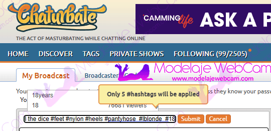 Only 5 hashtags or tags on Chaturbate state