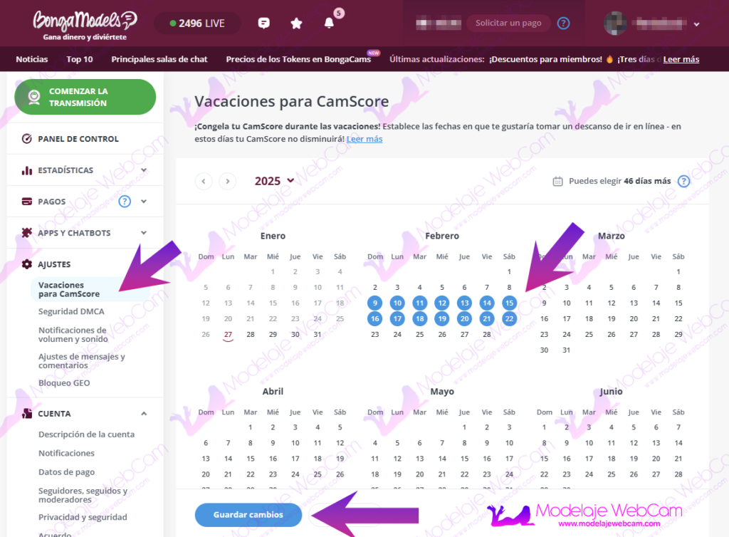 Opción vacaciones para camscore en bongacams