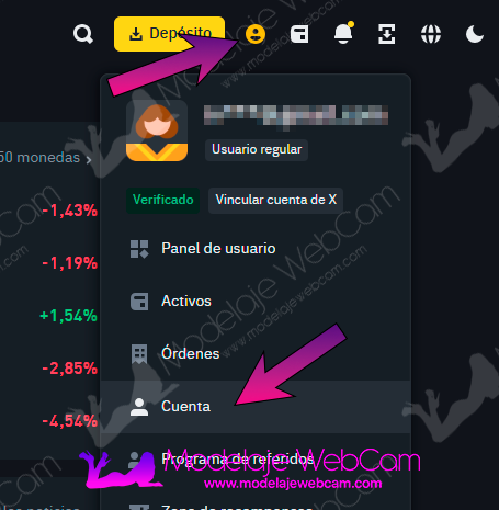 Binance - Menú cuenta de usuario