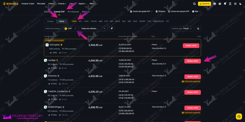 Binance - Vender USDT en COP en P2P