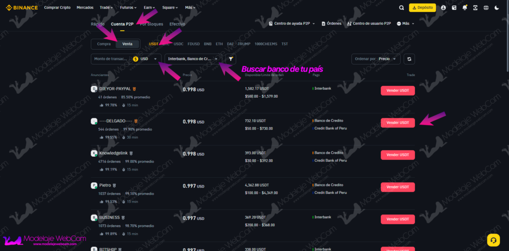 Binance - Vender USDT en USD en P2P