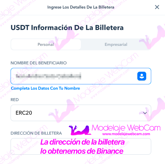 Paxum - Datos de la criptomoneda y completar dirección de billetera para retirar las ganancias de Paxum a Binance