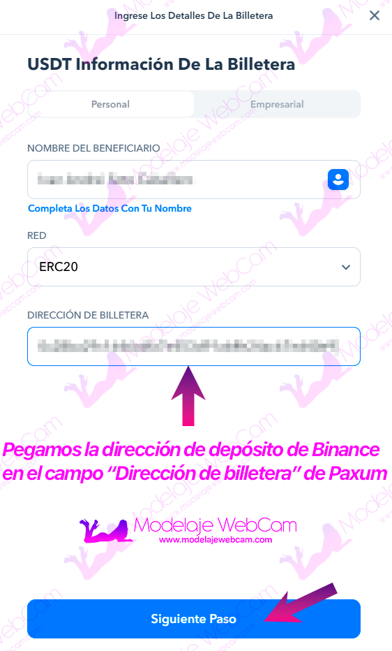 Paxum - Pegar dirección de deposito a dirección de billetera  de Paxum