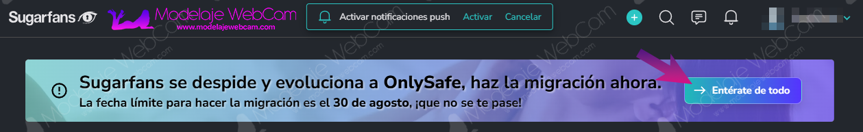 Mensaje de Migración de SugarFans a OnlySafe